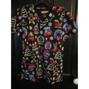 Elite Med Neon Tree Santa Snowflake Holiday Christmas Scrub Top Size Small S